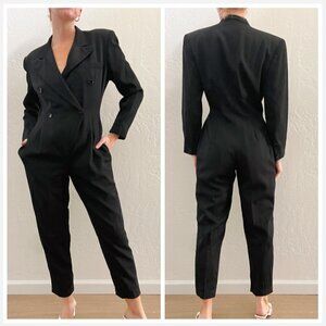 Vintage Norma Kamali Black 100% Wool Blazer Suit Long Sleeve Jumpsuit